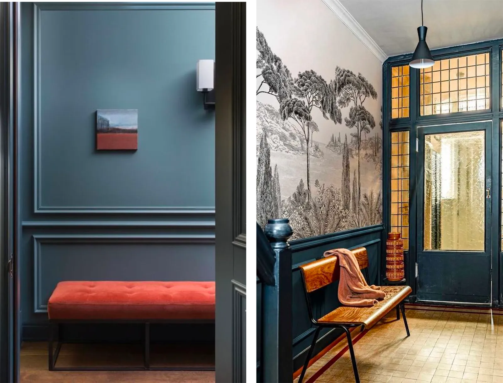 Deux entrées d’appartements anciens : murs bleu canard à moulures avec banquette corail, et hall avec papier peint panoramique et porte vitrée