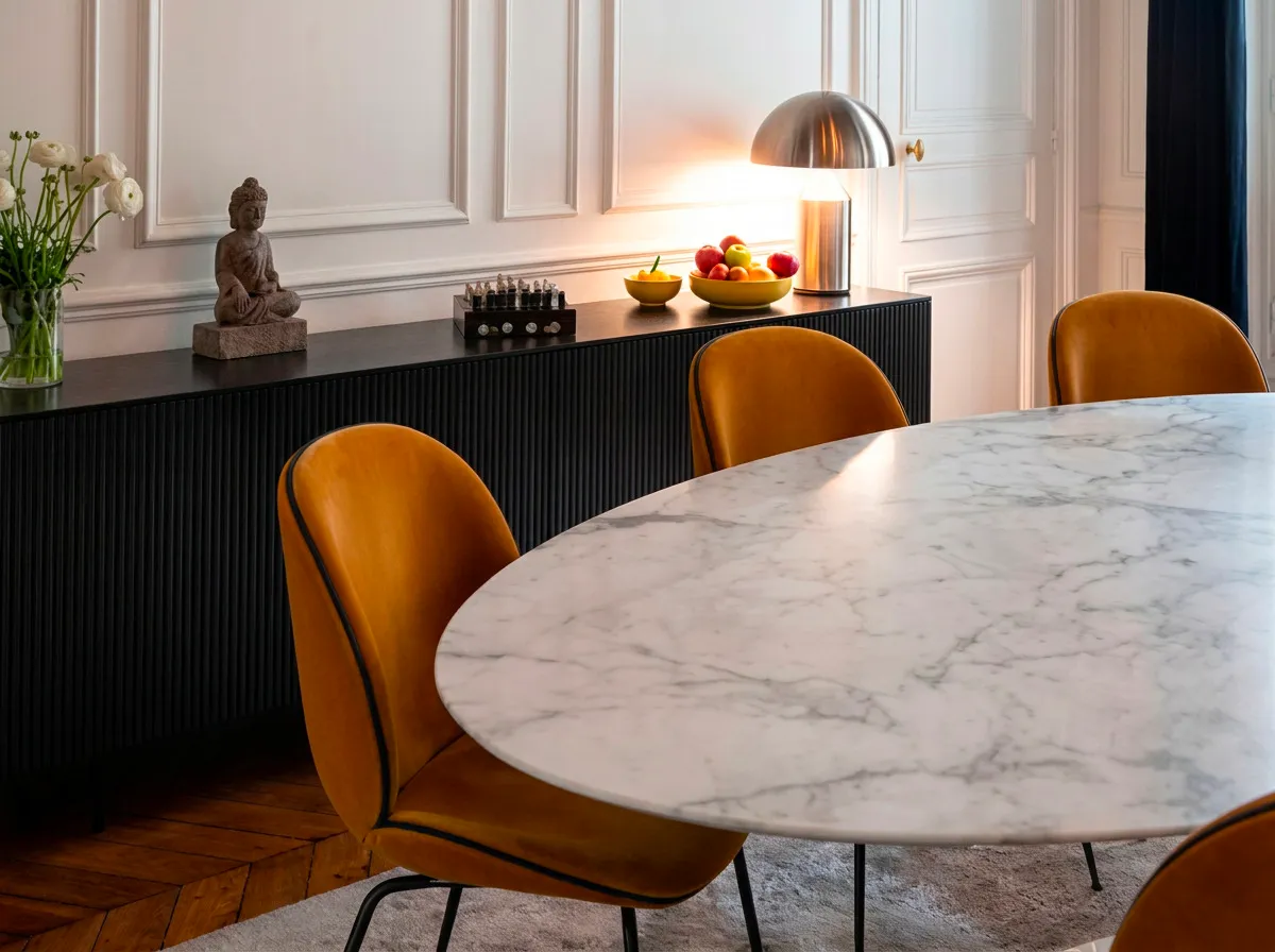 Salle à manger d’un appartement haussmannien avec table ovale en marbre blanc, chaises en velours cognac, buffet noir cannelé et parquet en point de Hongrie